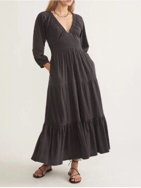 NWT Marine Layer Florence Vintage Midi Cotton Dress in Gray with Pockets